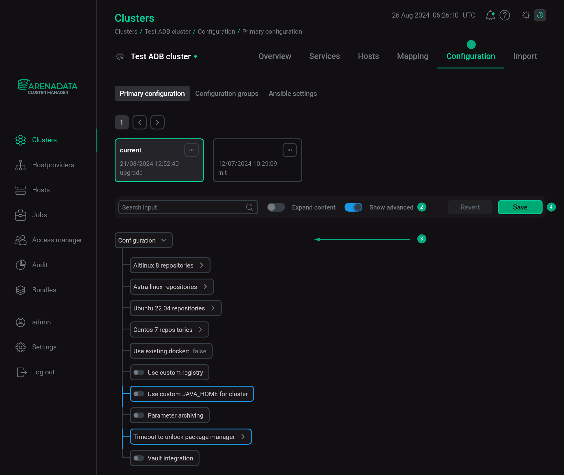 Cluster configuration window