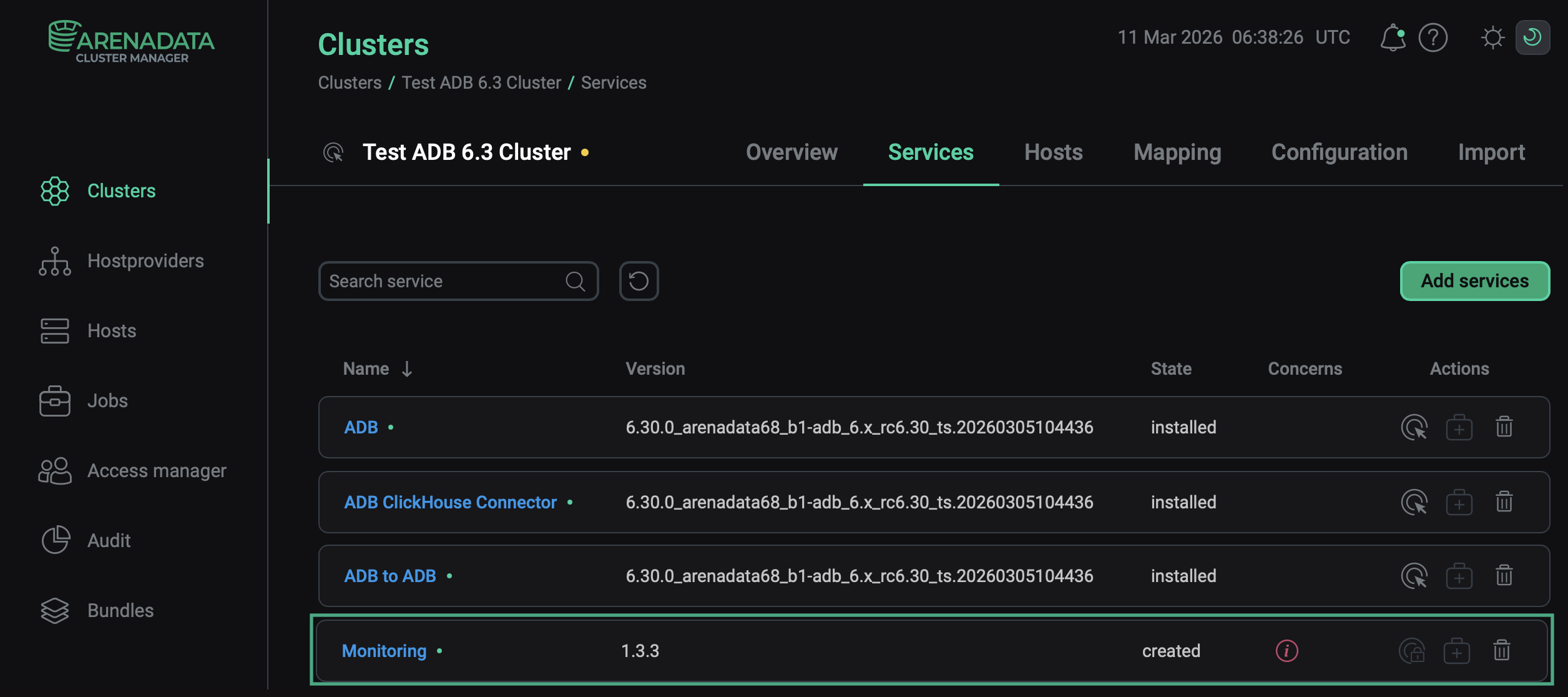 The result of successfully adding the service to the cluster