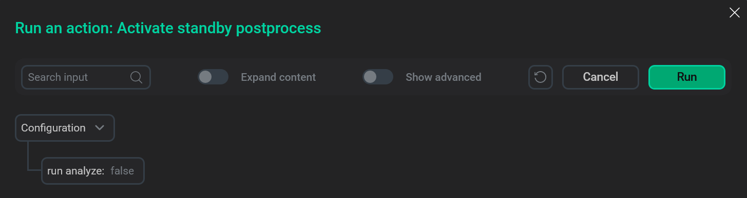 The Activate standby postprocess action form