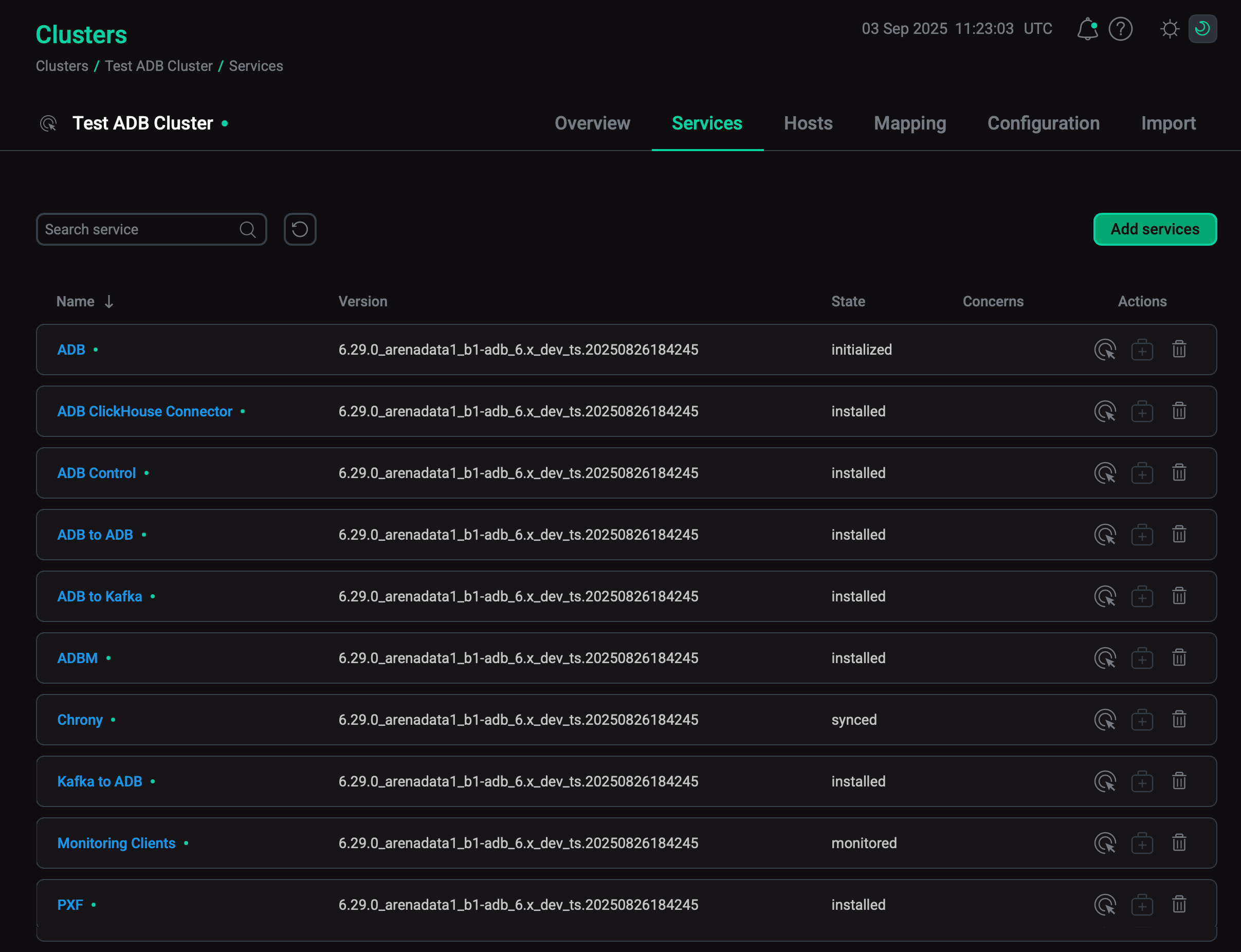 ADB cluster services in the ADCM interface