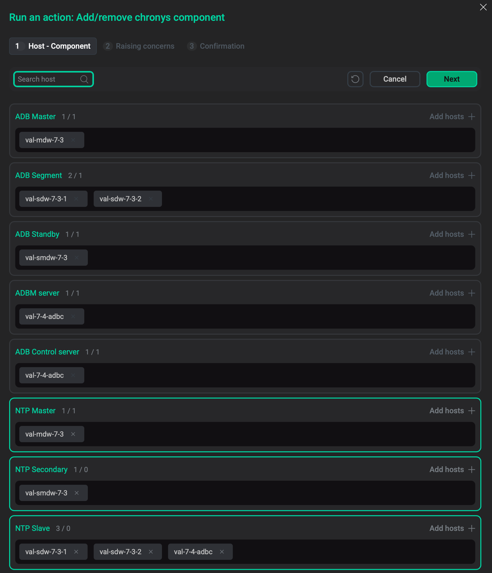 The Add/remove chronys component window