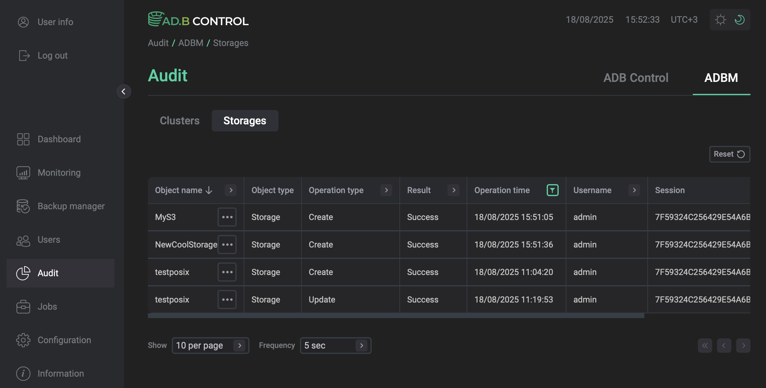 The Storages tab