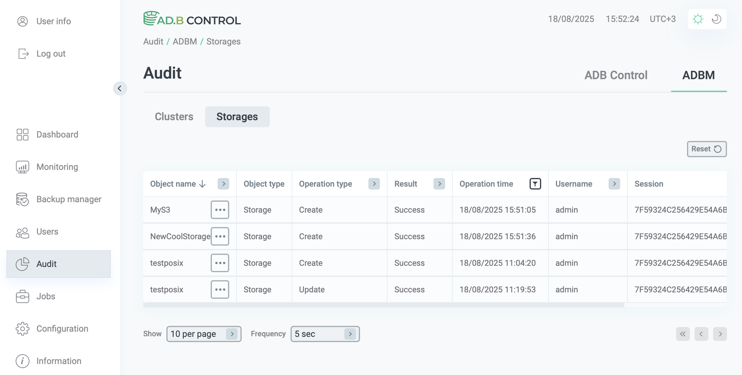 The Storages tab