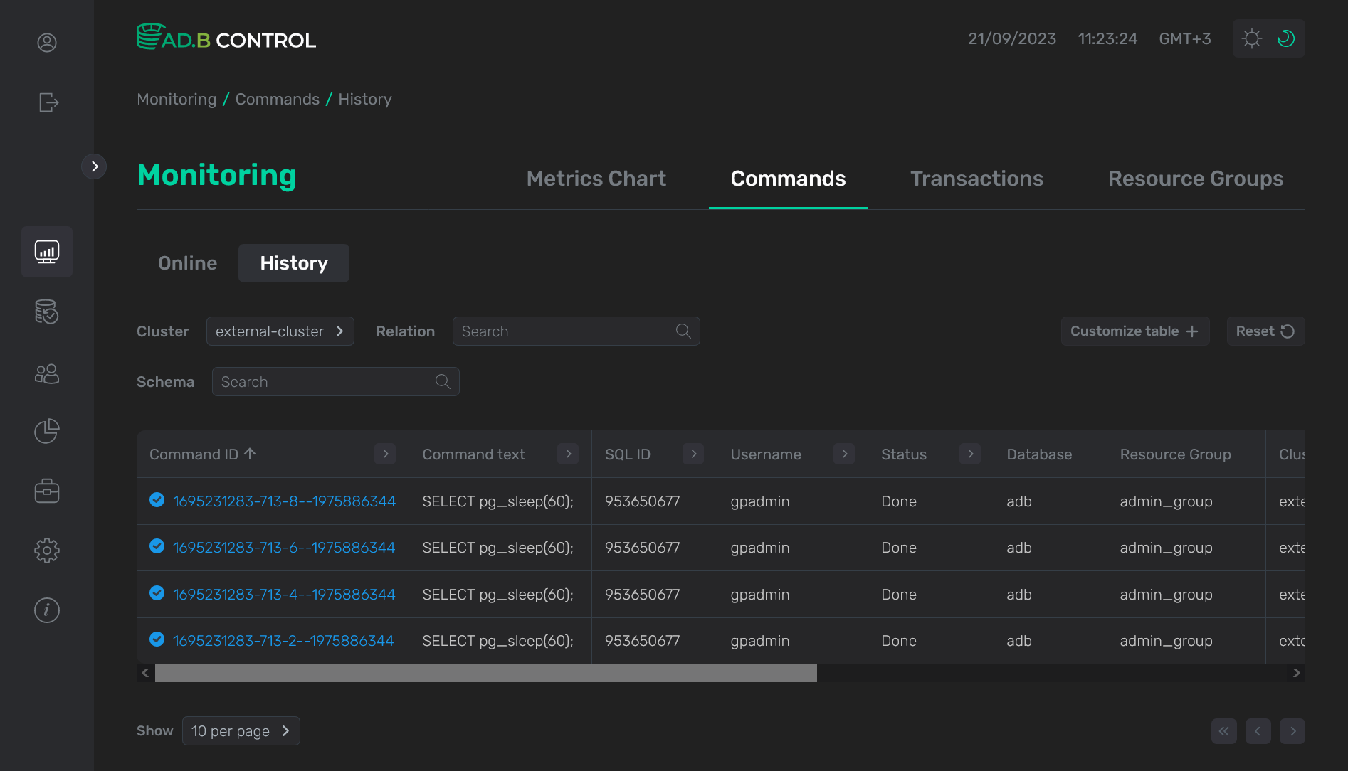 adbc commands history dark