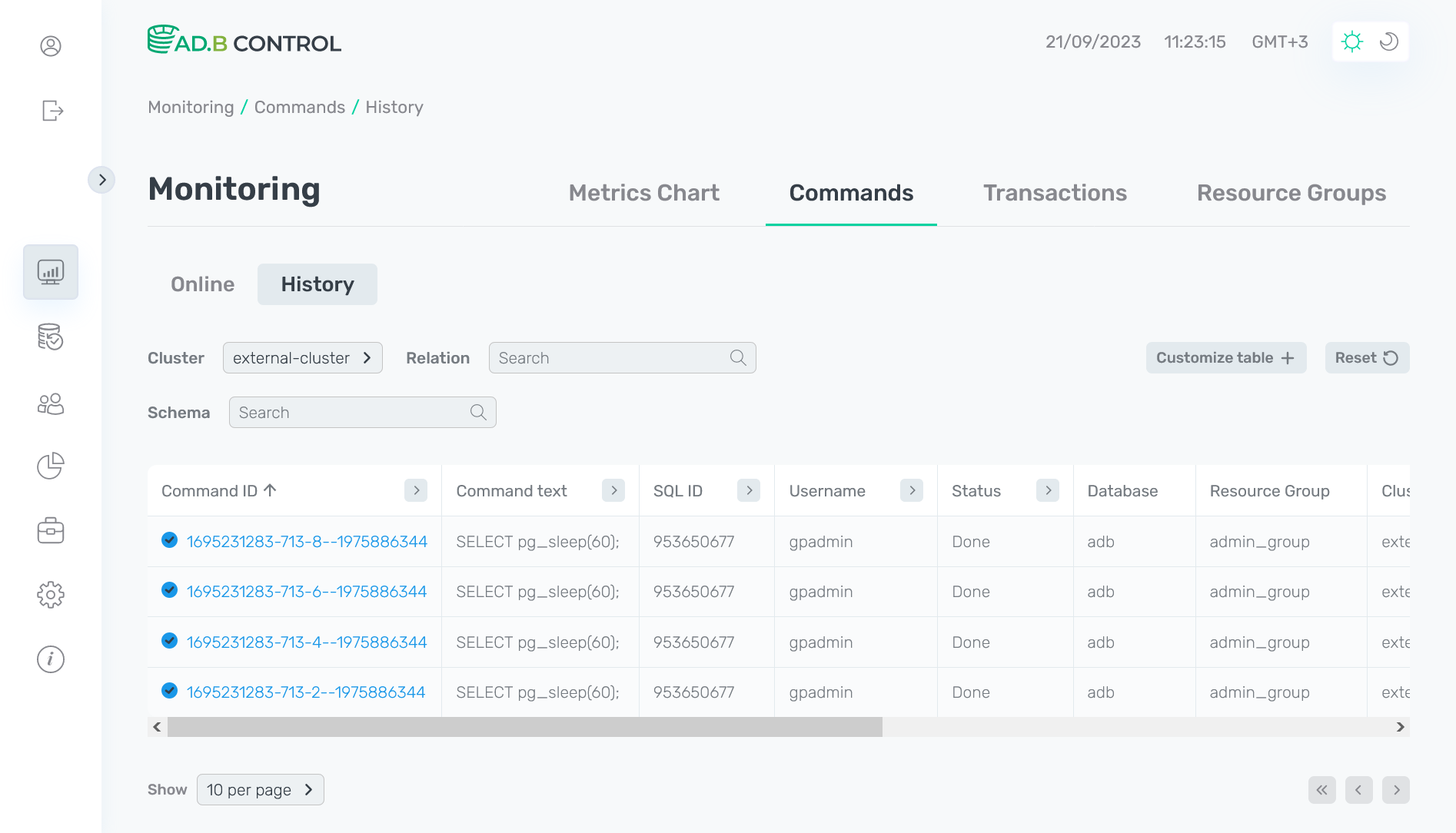 adbc commands history light