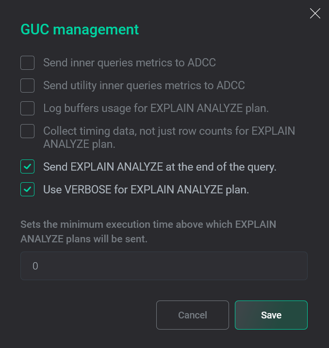 GUCs for the selected cluster