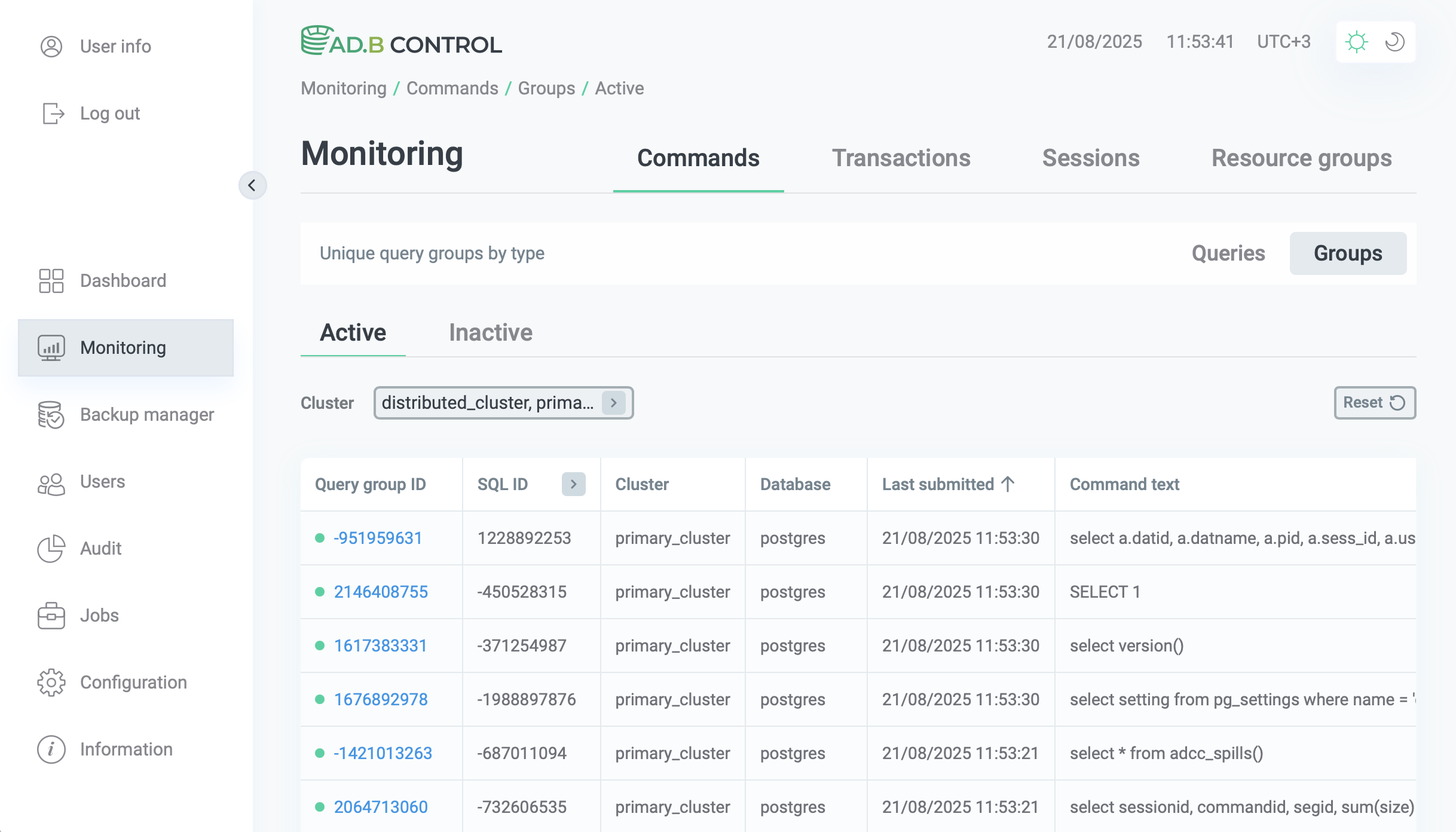 The Monitoring → Commands → Groups tab