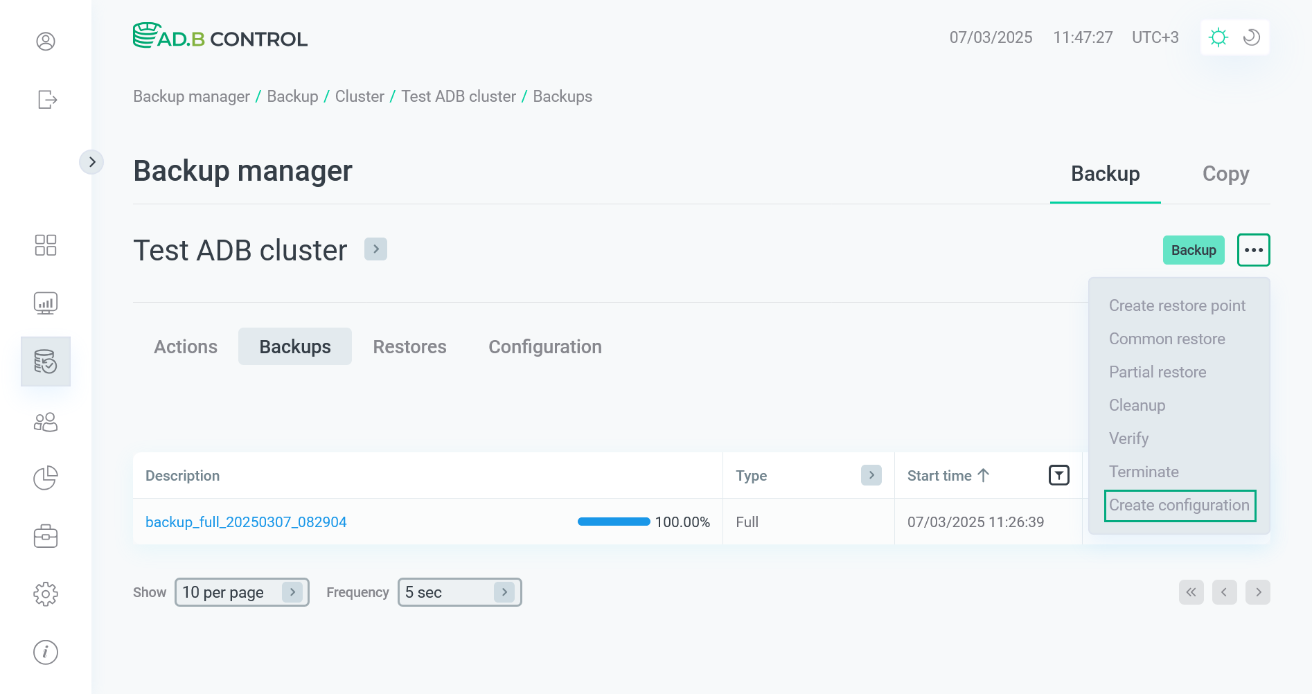Switch to the Create configuration action