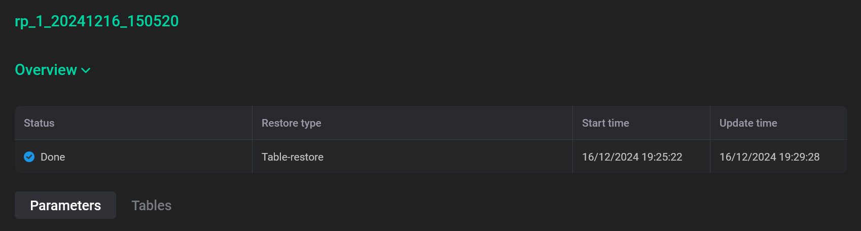 Restore details: general table
