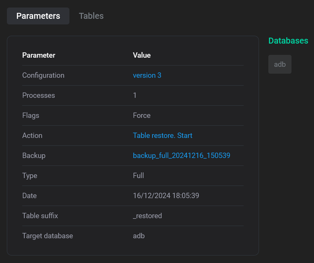 Restore details: Parameters