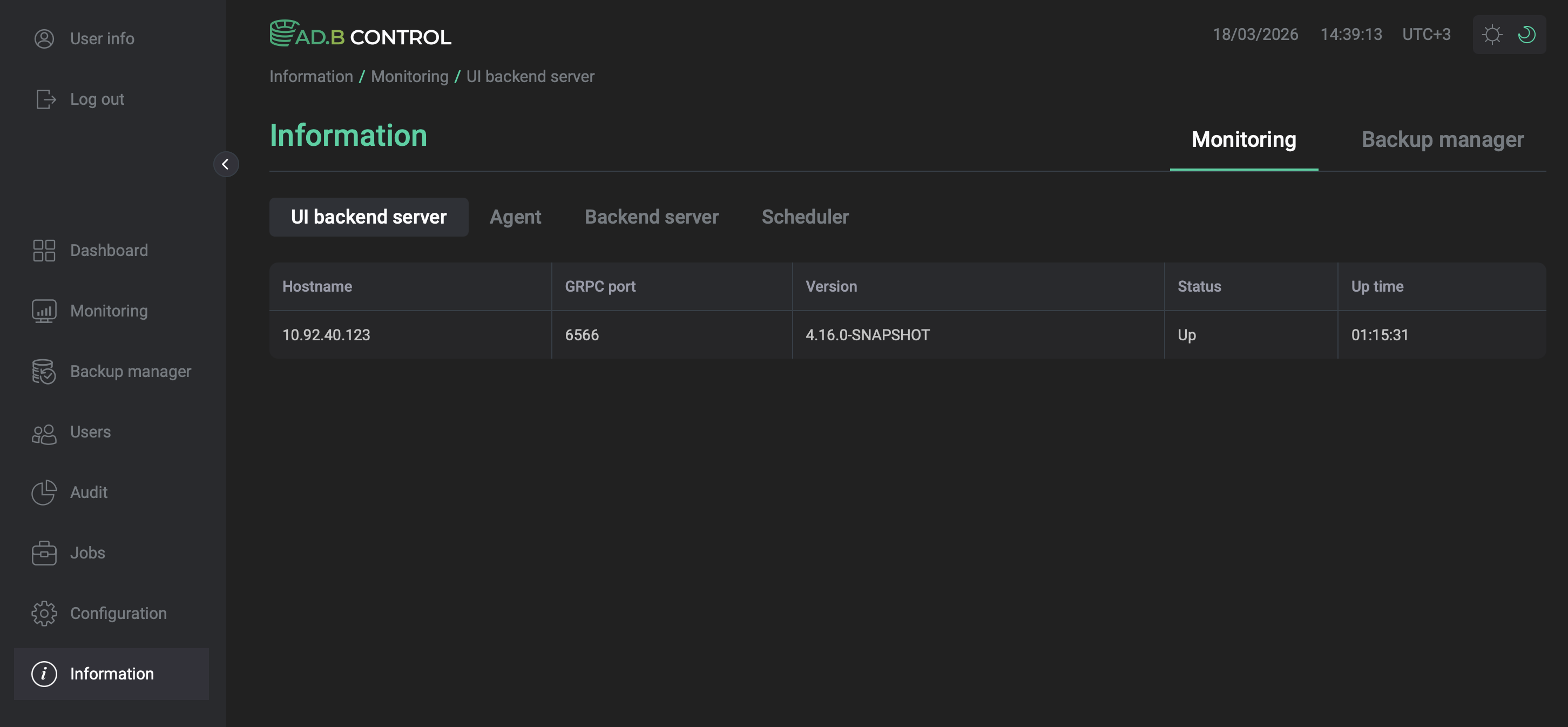 Information tab in ADB Control user interface