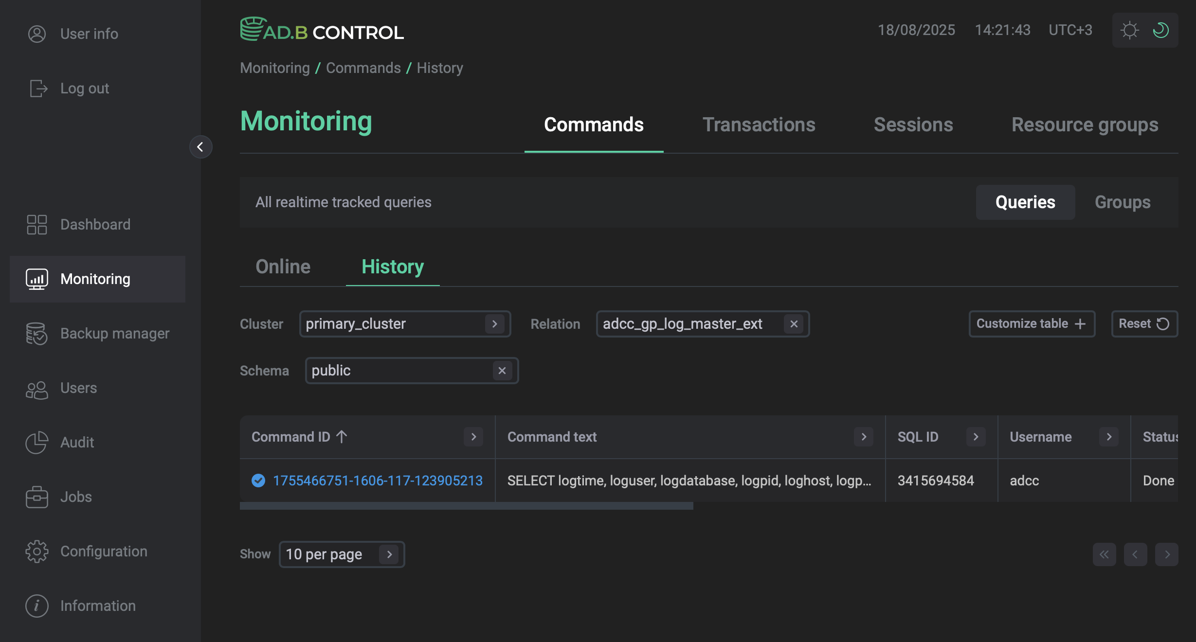 History of commands for the selected relation