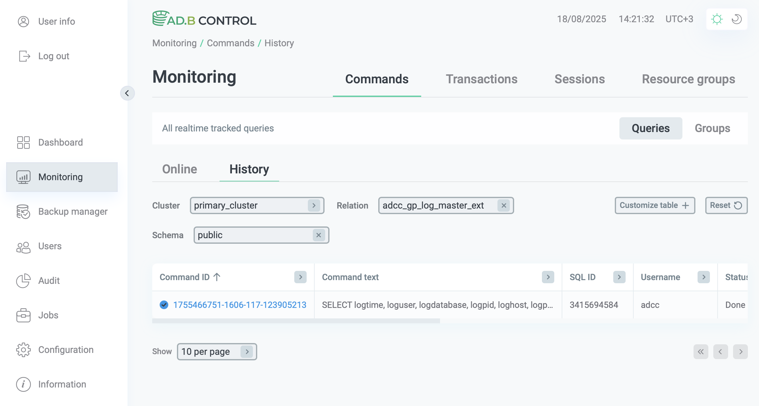 History of commands for the selected relation