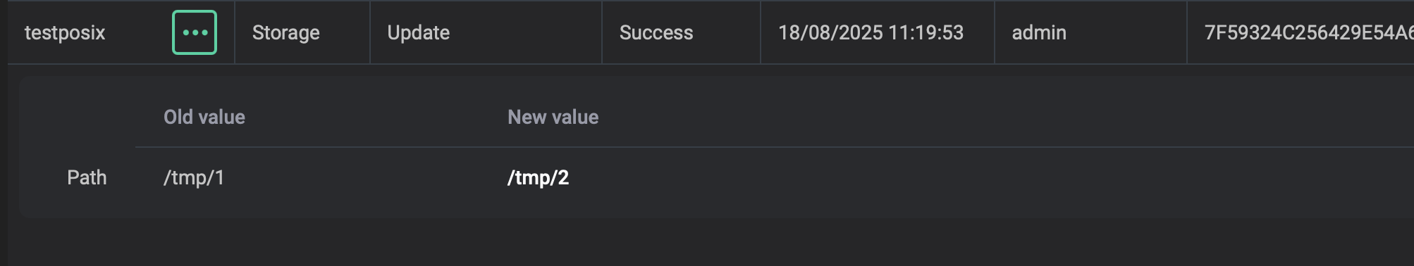 List of modified storage parameters