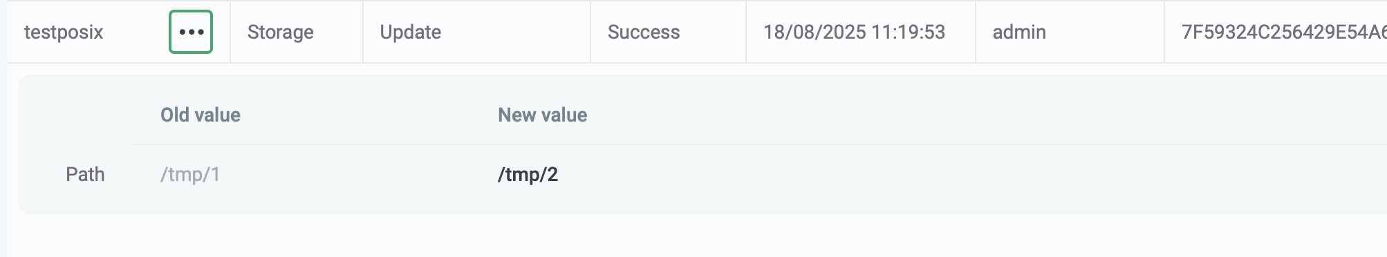 List of modified storage parameters
