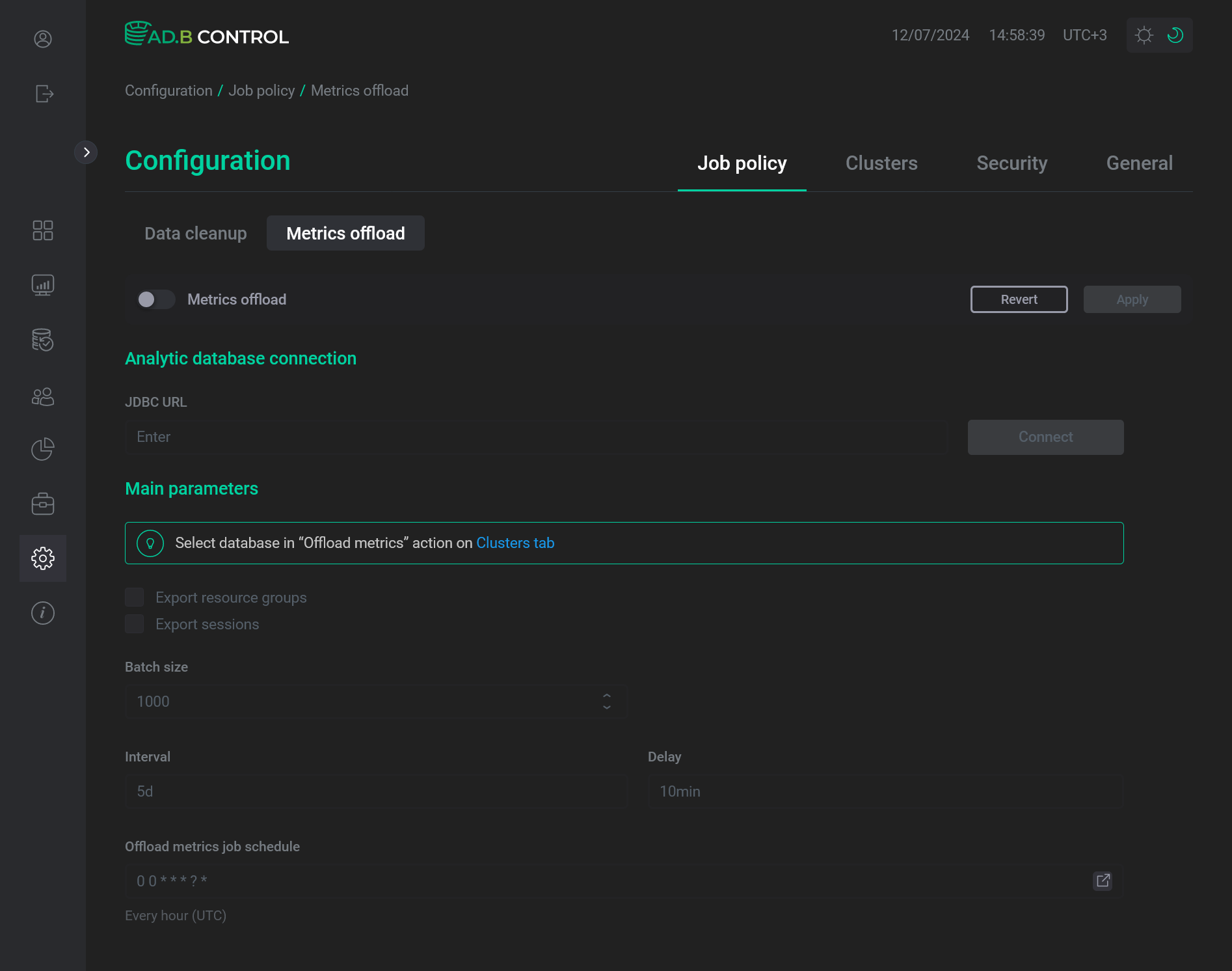 The Configuration → Job policy → Metrics offload tab