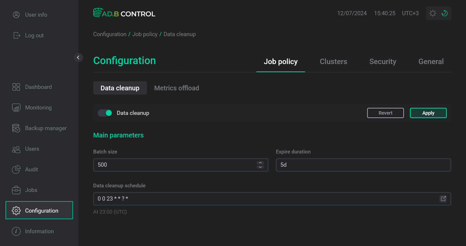 The Configuration → Job policy → Data cleanup tab