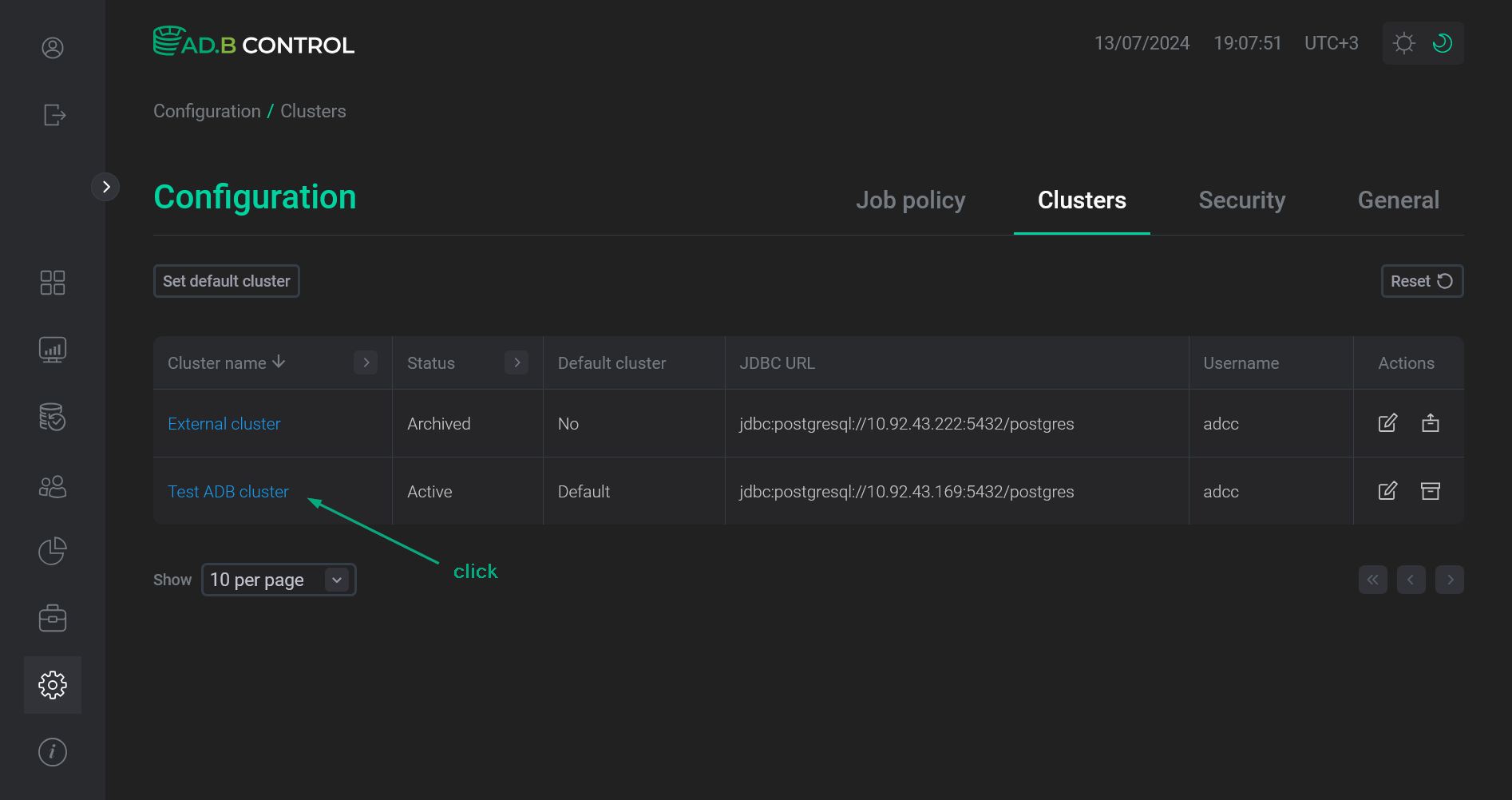 Go to the cluster configuration