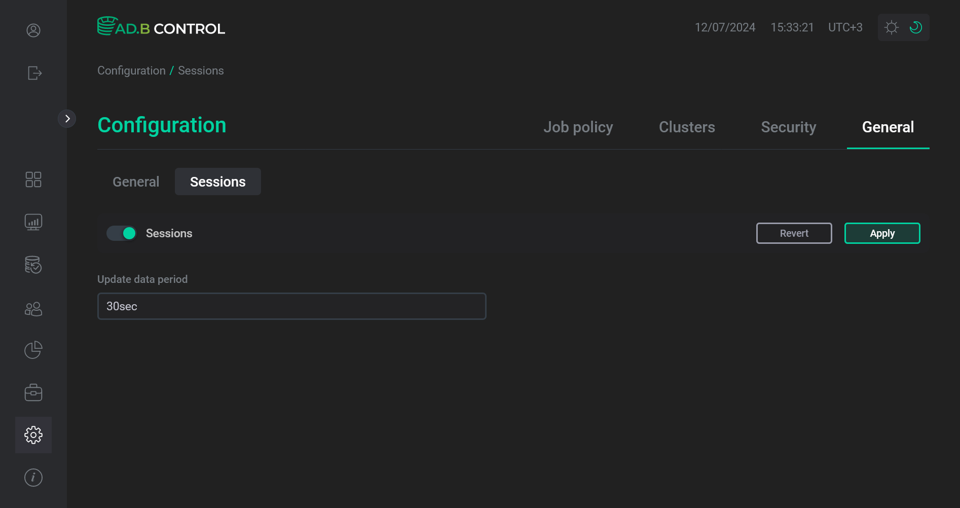 The Configuration → General → Sessions tab