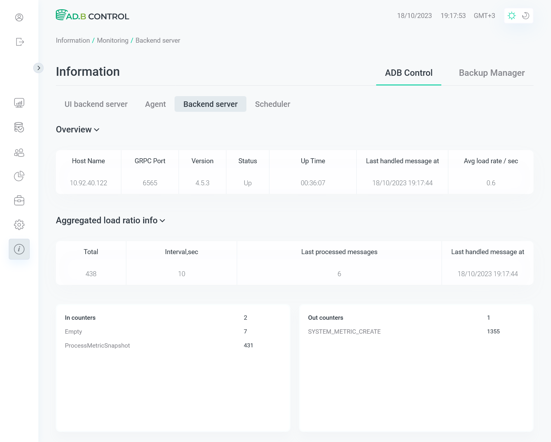 The Information → ADB Control → Backend server tab