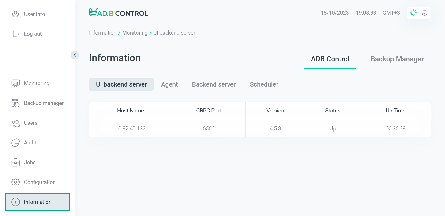 The Information → ADB Control → UI backend server tab