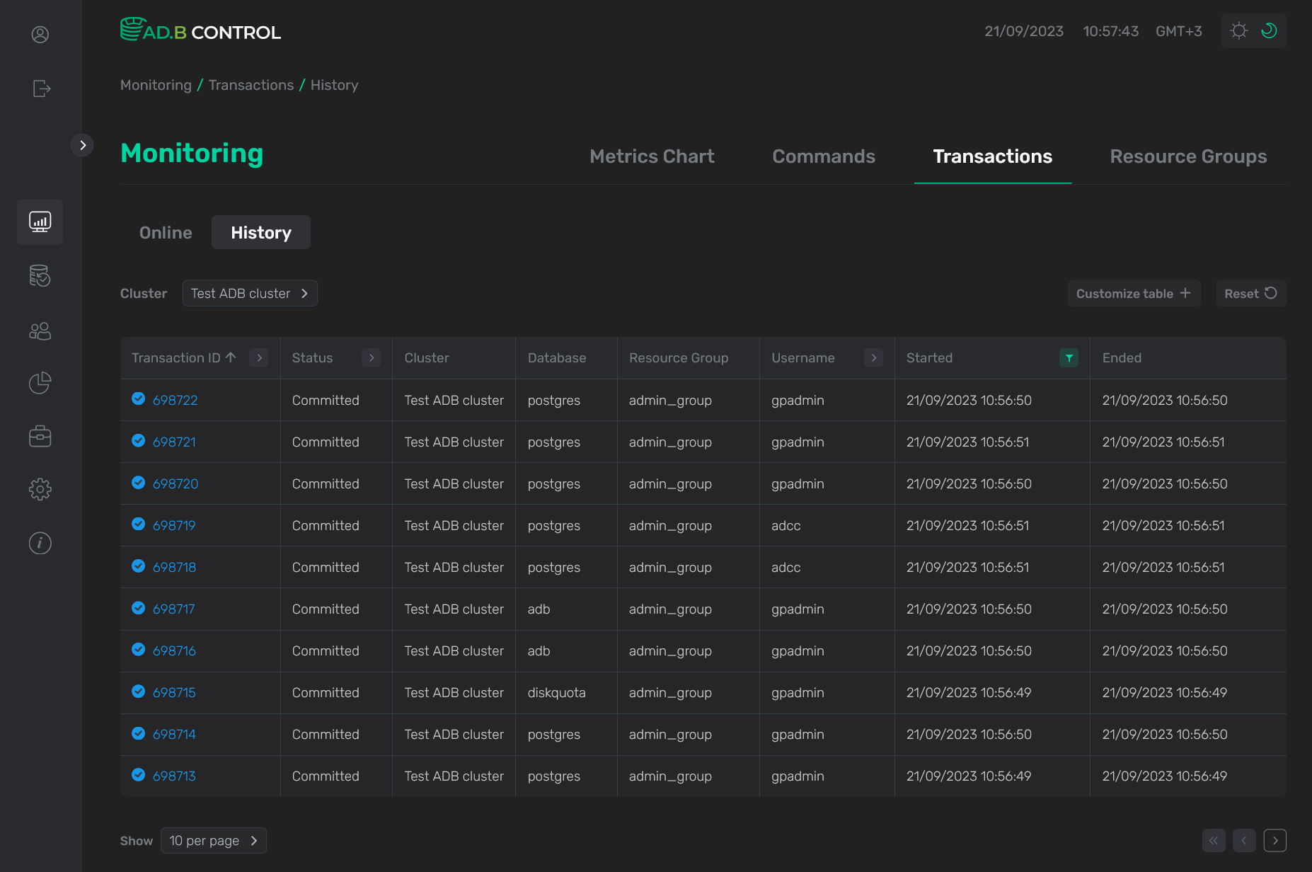 The Monitoring → Transactions → History tab