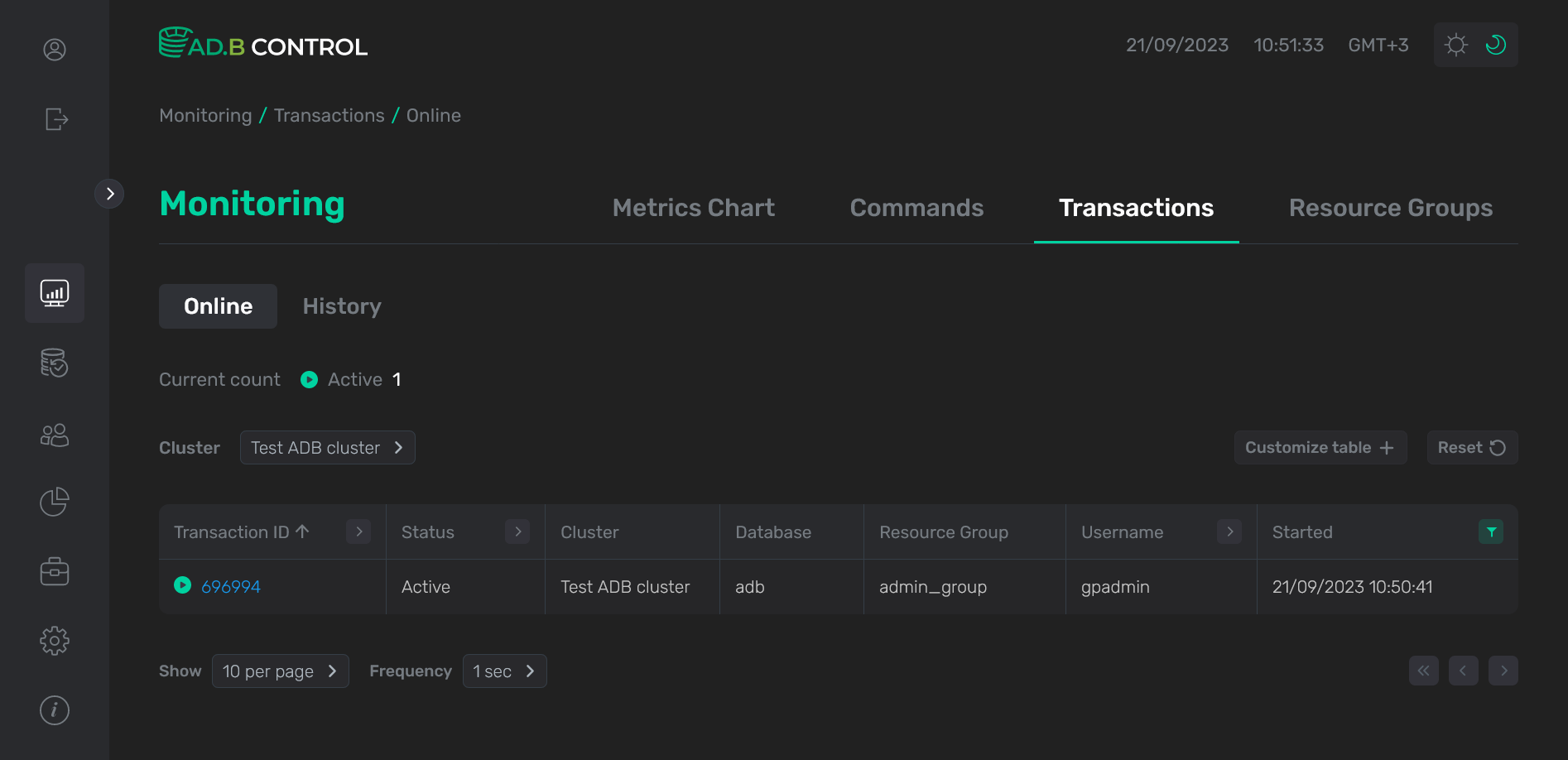The Monitoring → Transactions → Online tab
