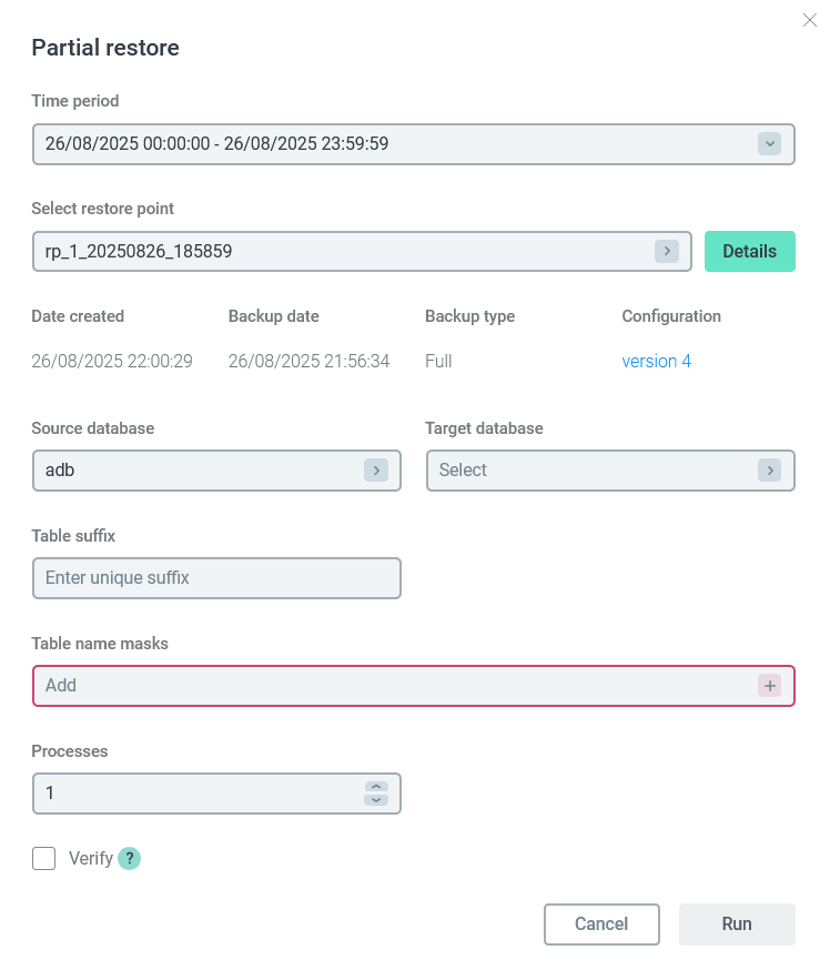 The Partial restore action form