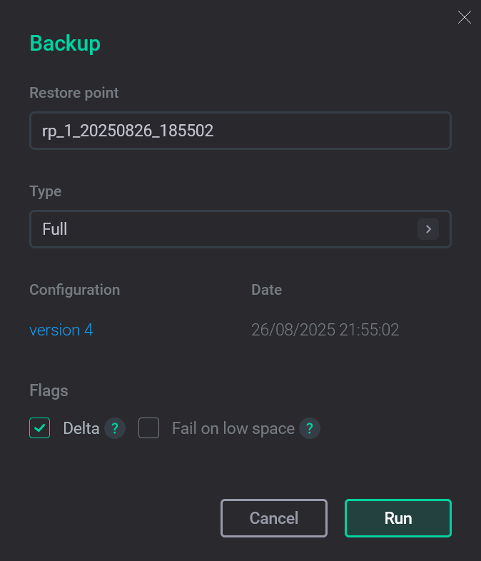 The Backup action form