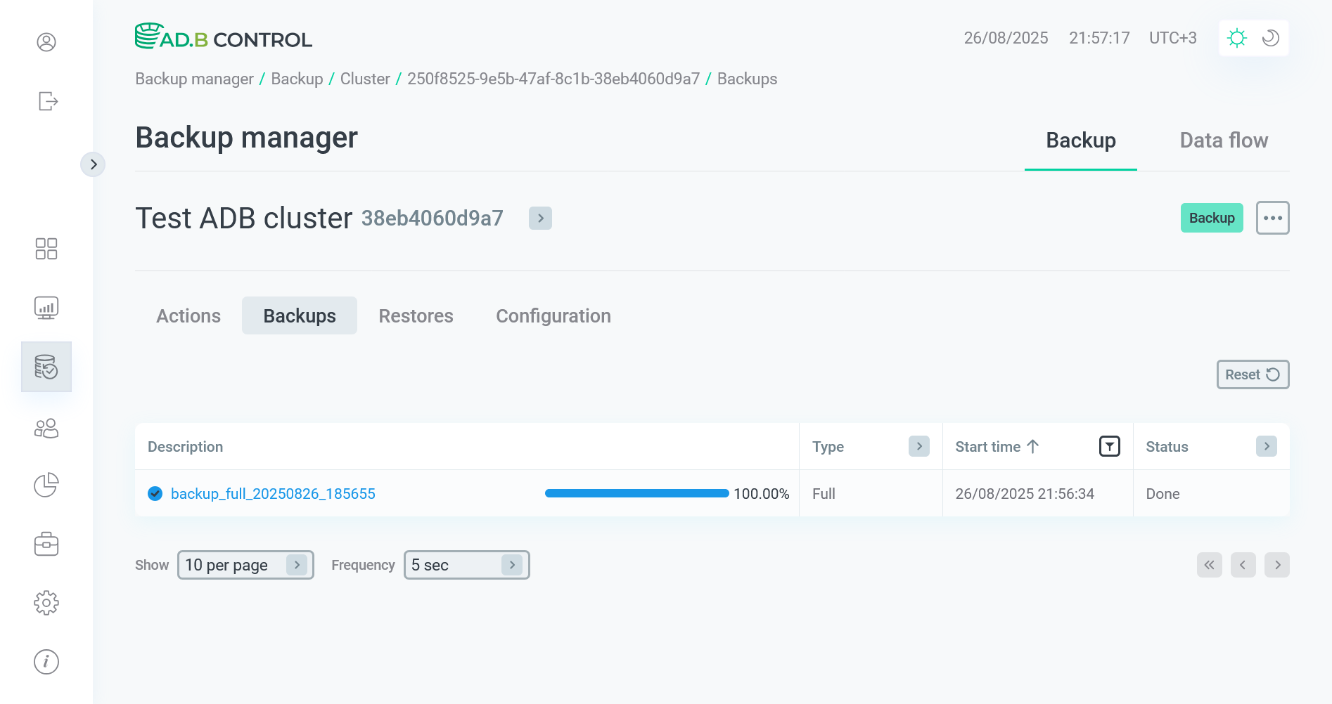The new backup is available on the Backups tab