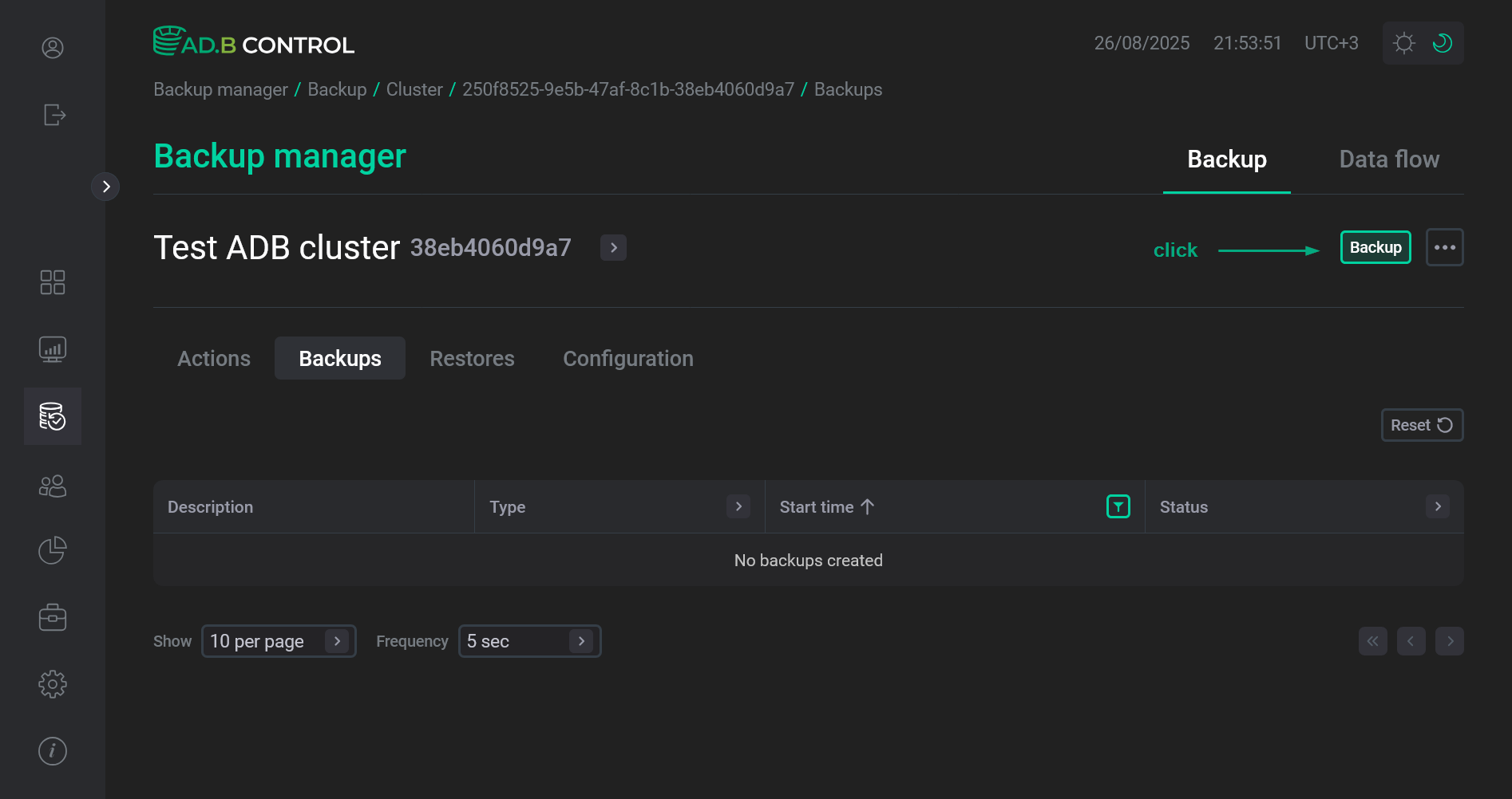 Switch to the Backup action