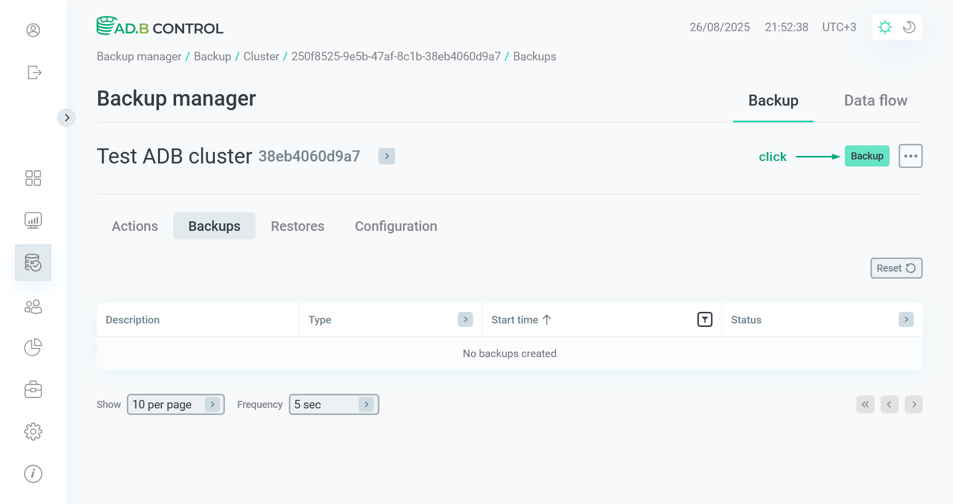 Switch to the Backup action