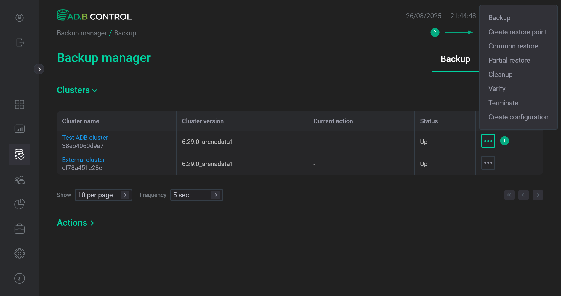 Actions in the Clusters section