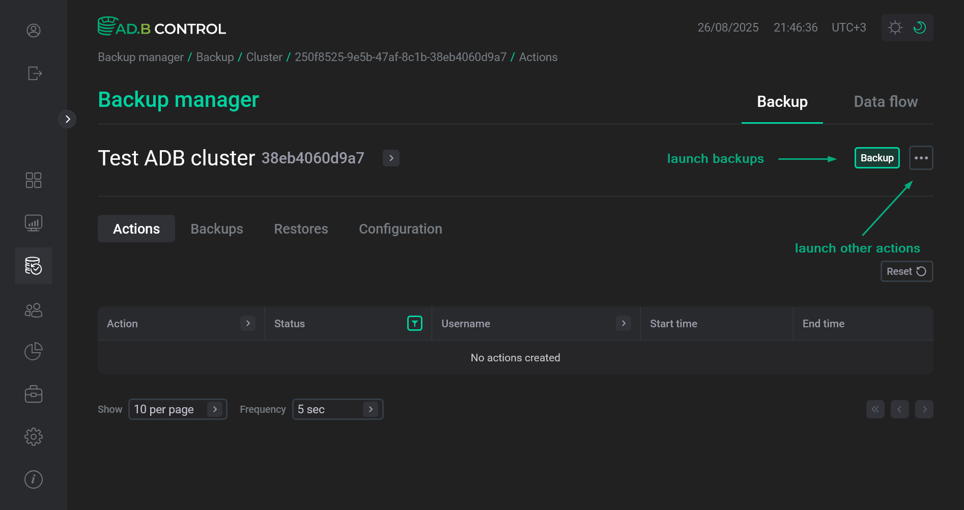 Actions on the selected cluster page