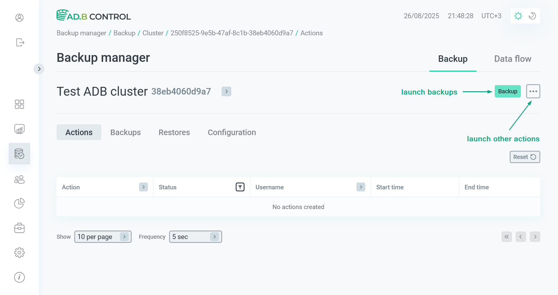 Actions on the selected cluster page