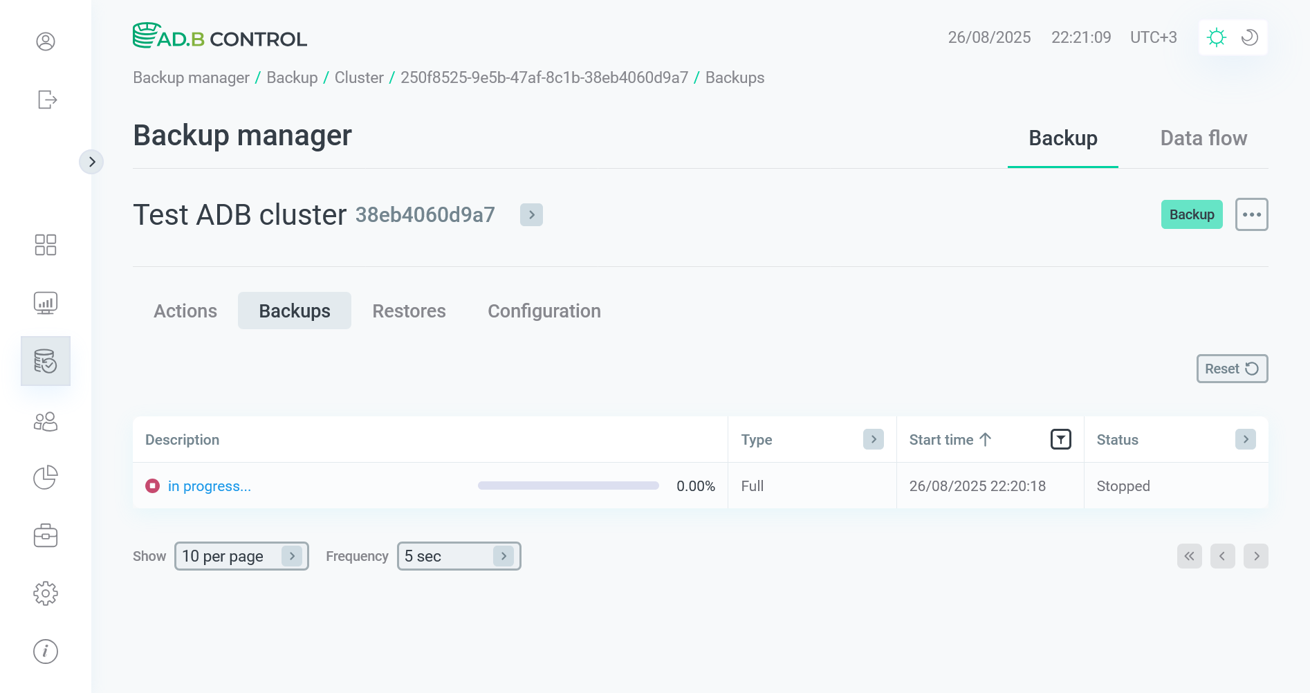 The backup status is switched to Stopped