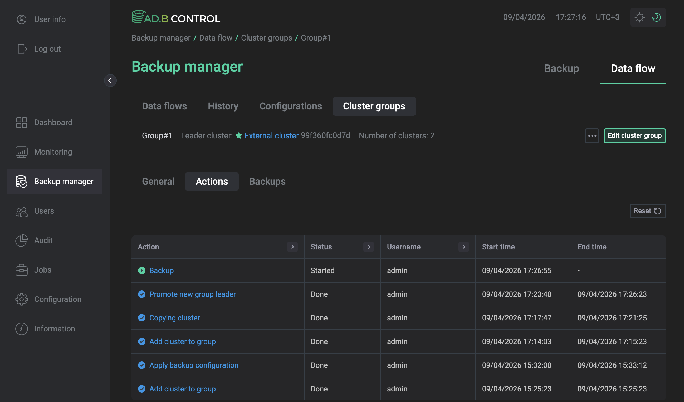 Actions in the cluster group