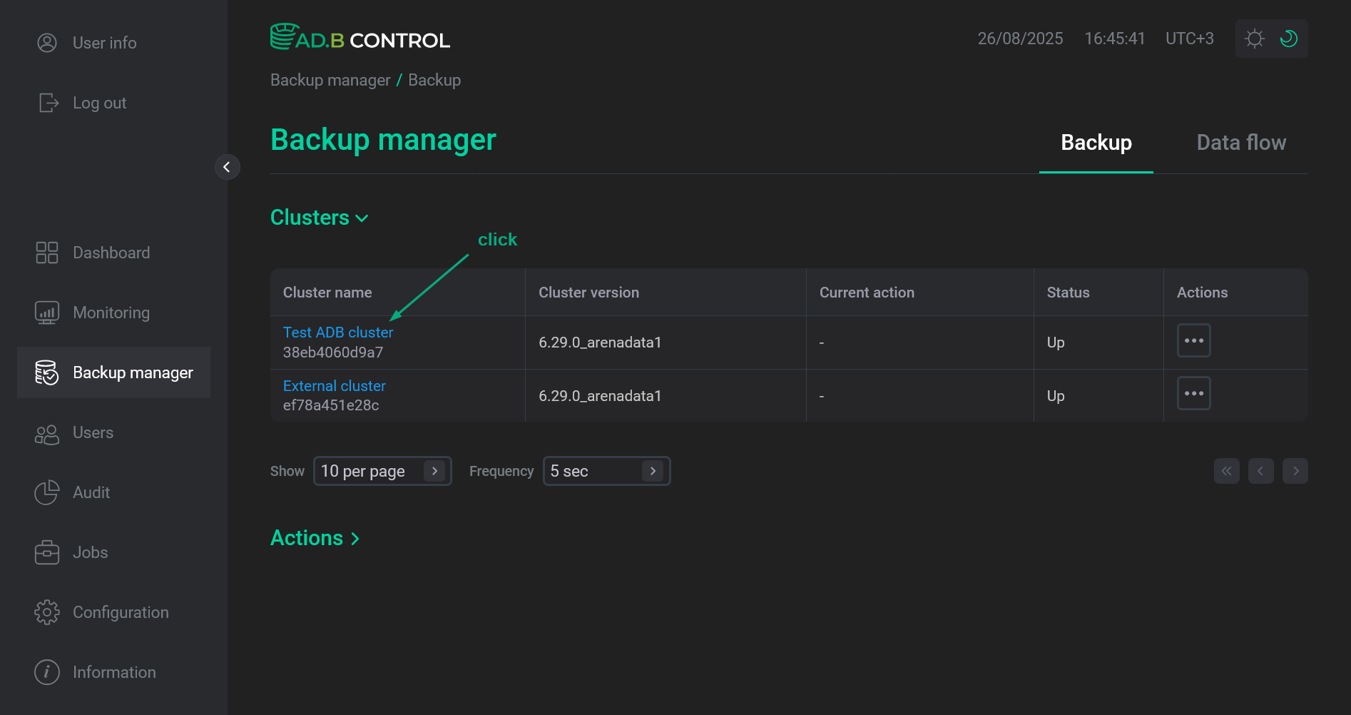 Select the ADB cluster
