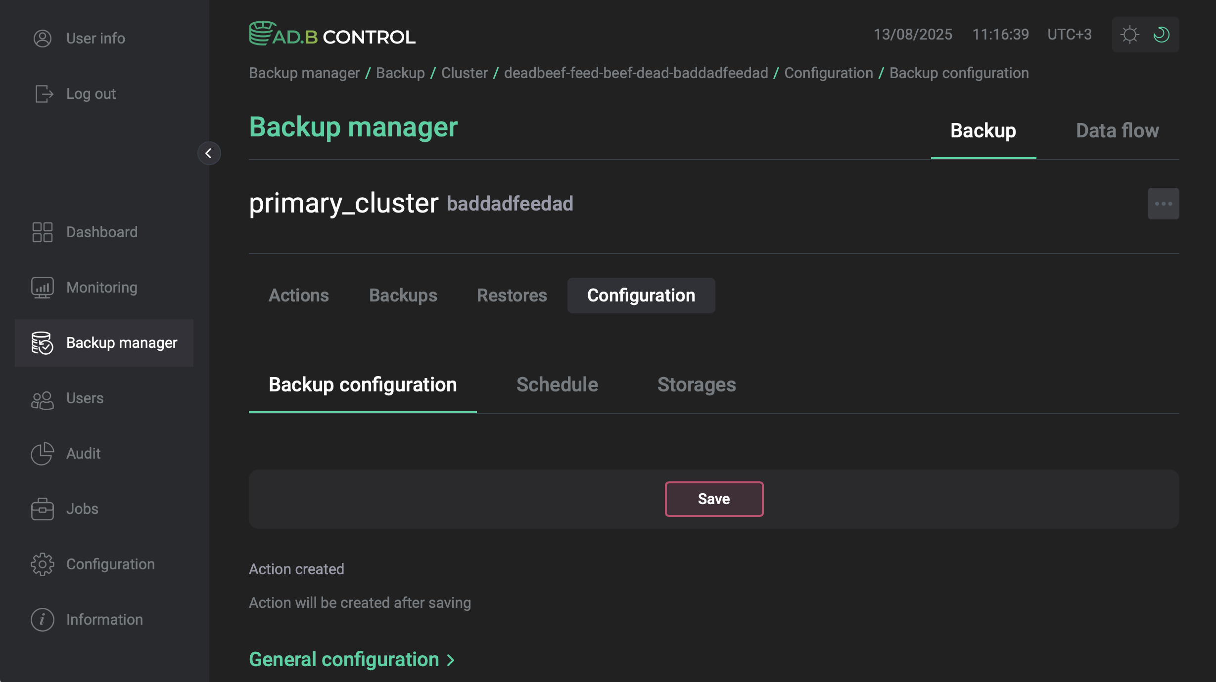 The Configuration → Backup configuration tab