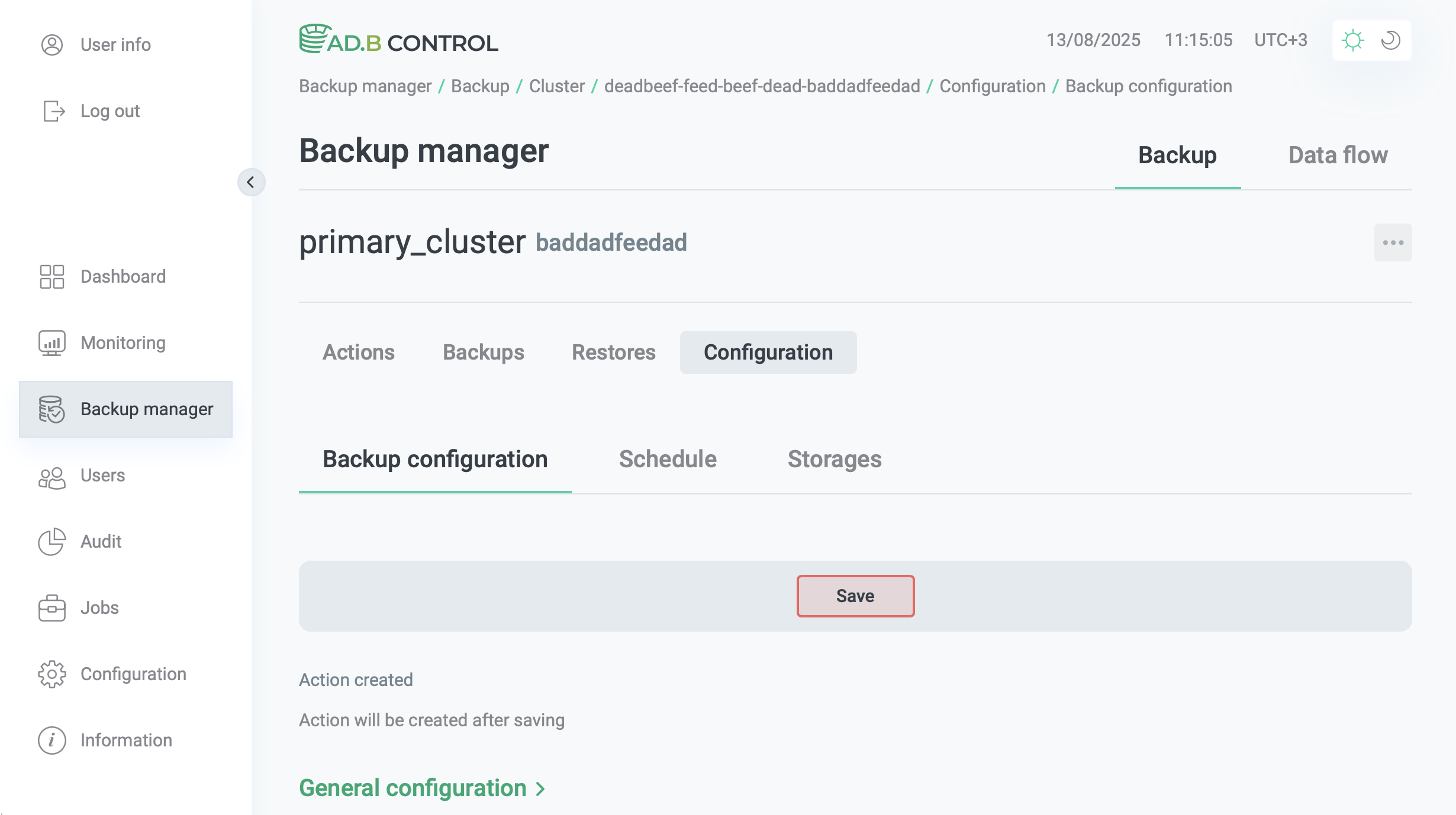 The Configuration → Backup configuration tab