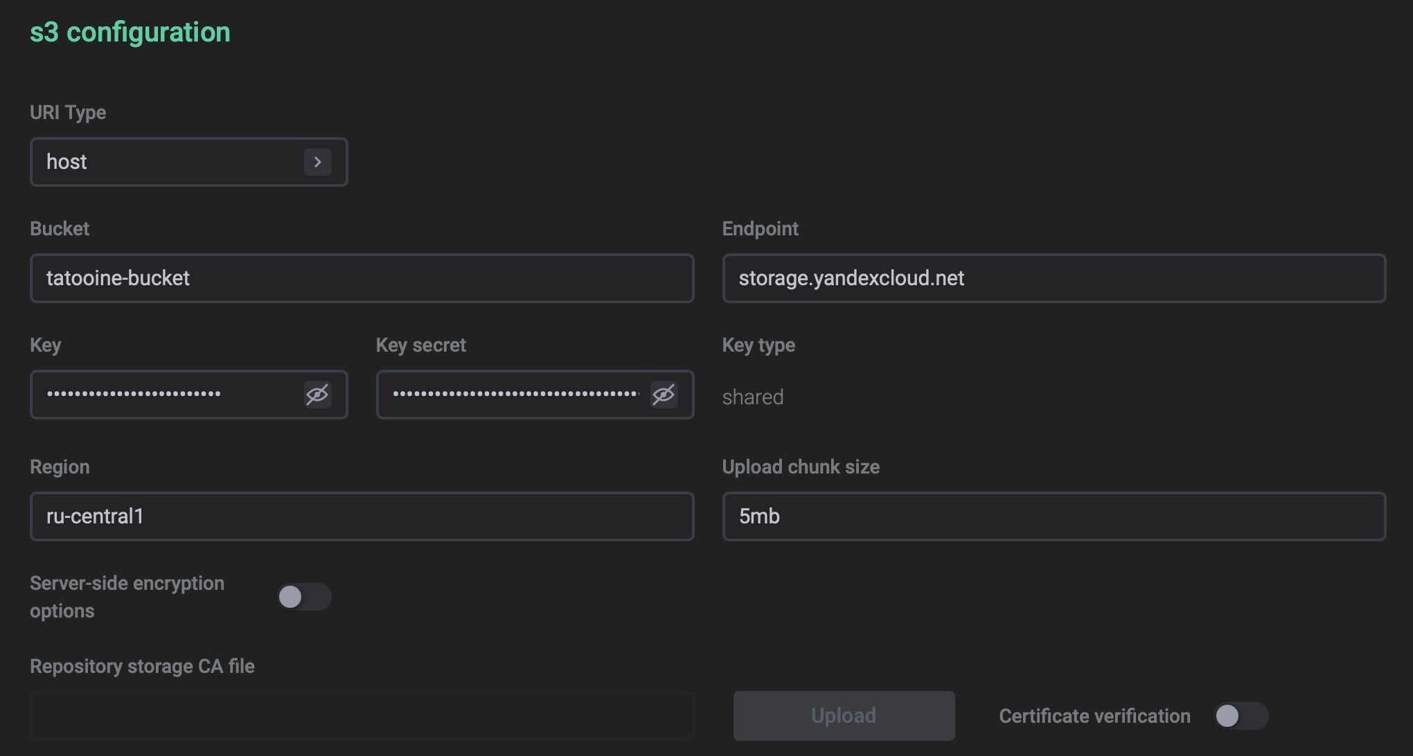 s3 configuration section