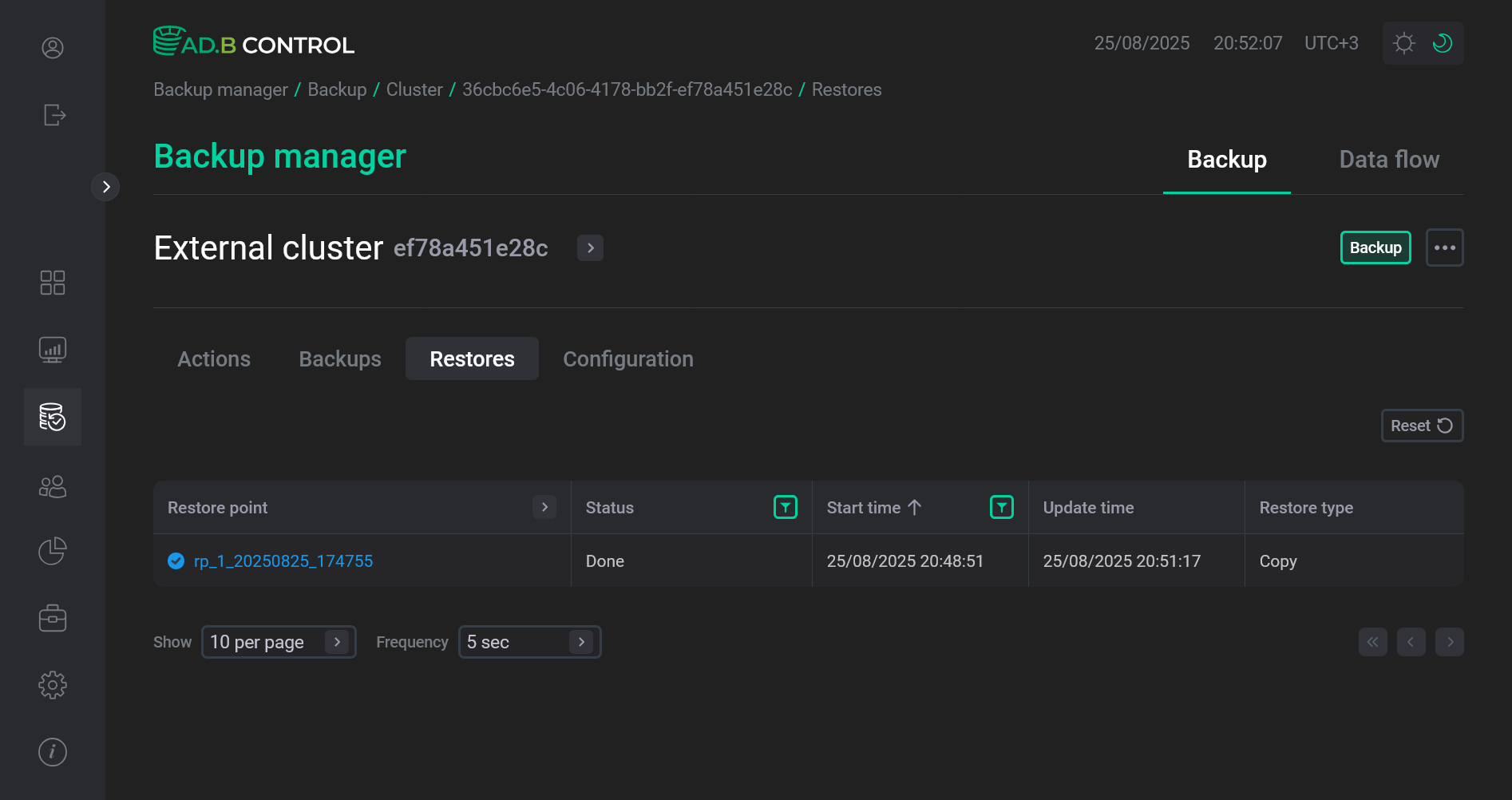 Data restore for the target cluster