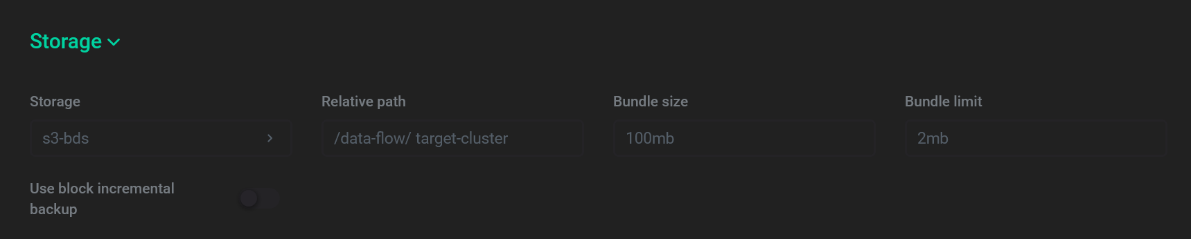 Example of filling the Storage section for a target cluster
