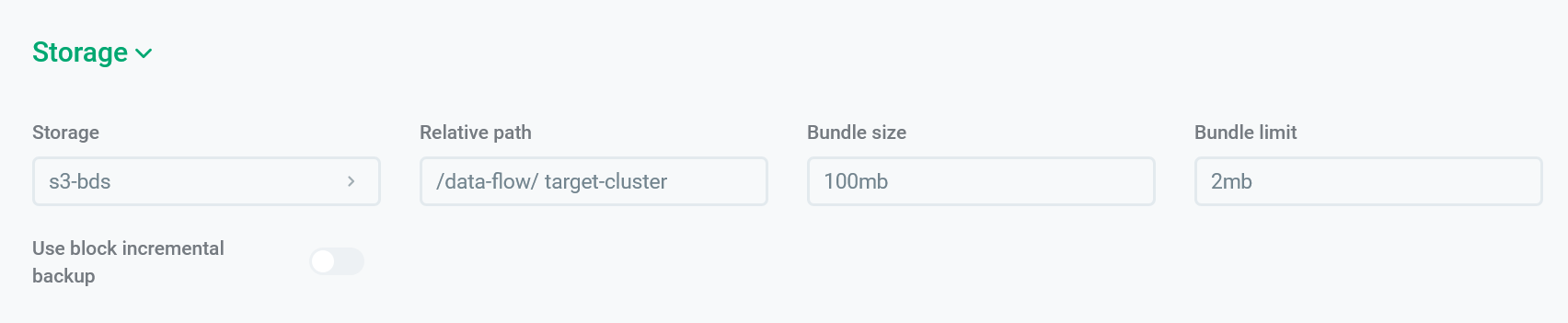 Example of filling the Storage section for a target cluster