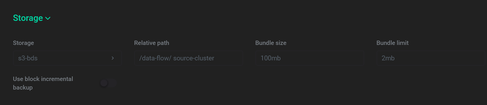 Example of filling the Storage section for a source cluster