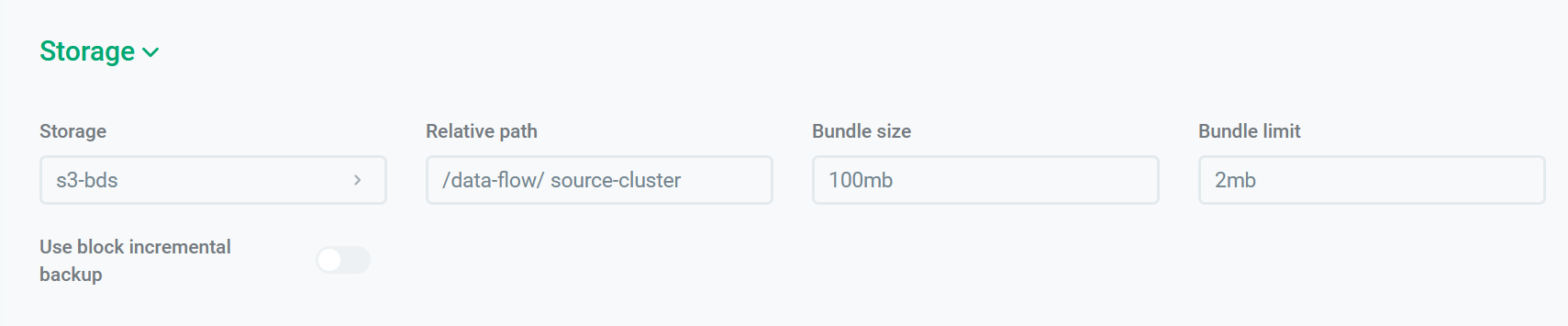Example of filling the Storage section for a source cluster