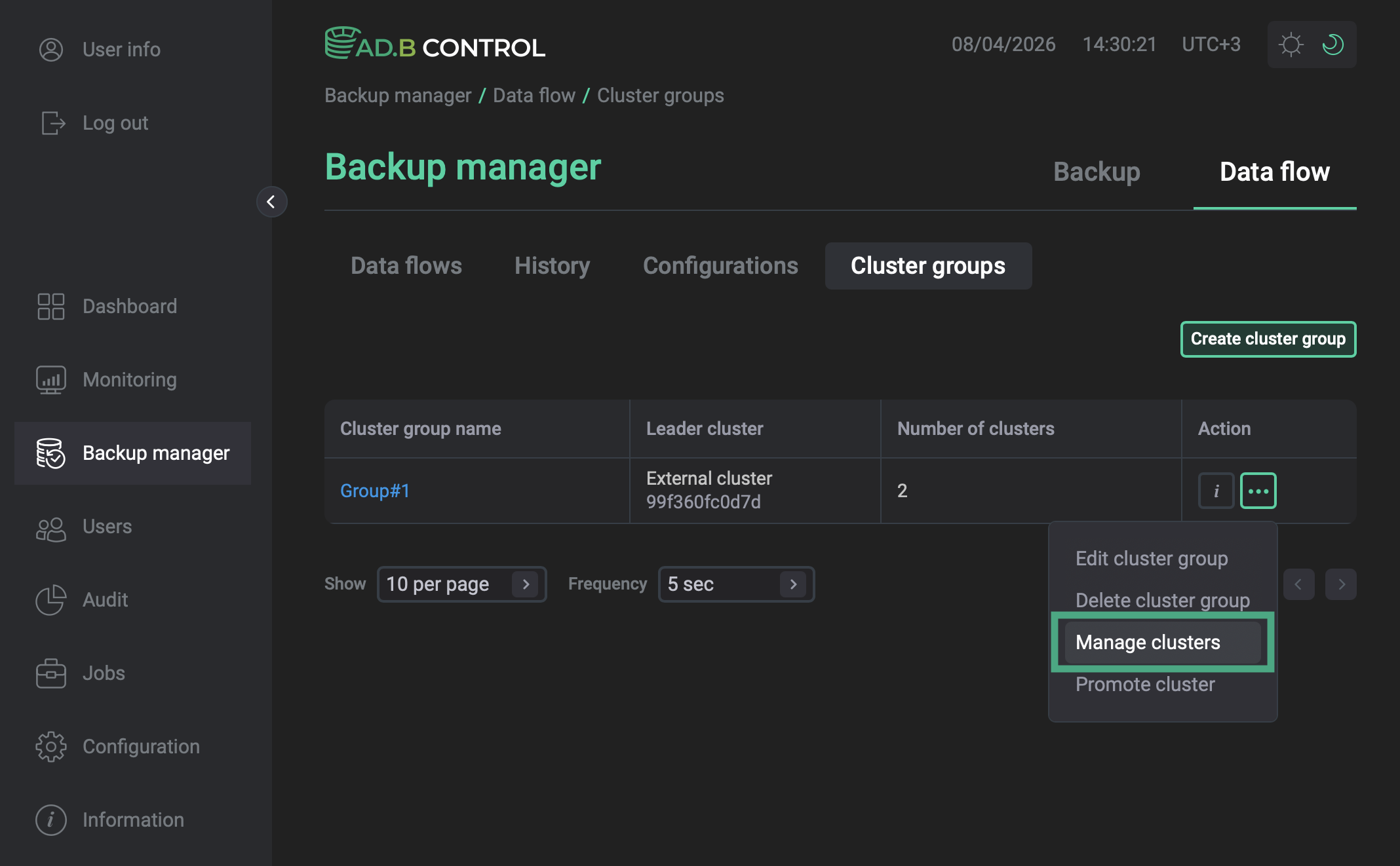 Manage clusters action