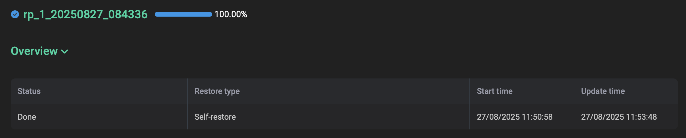 Restore details: general table