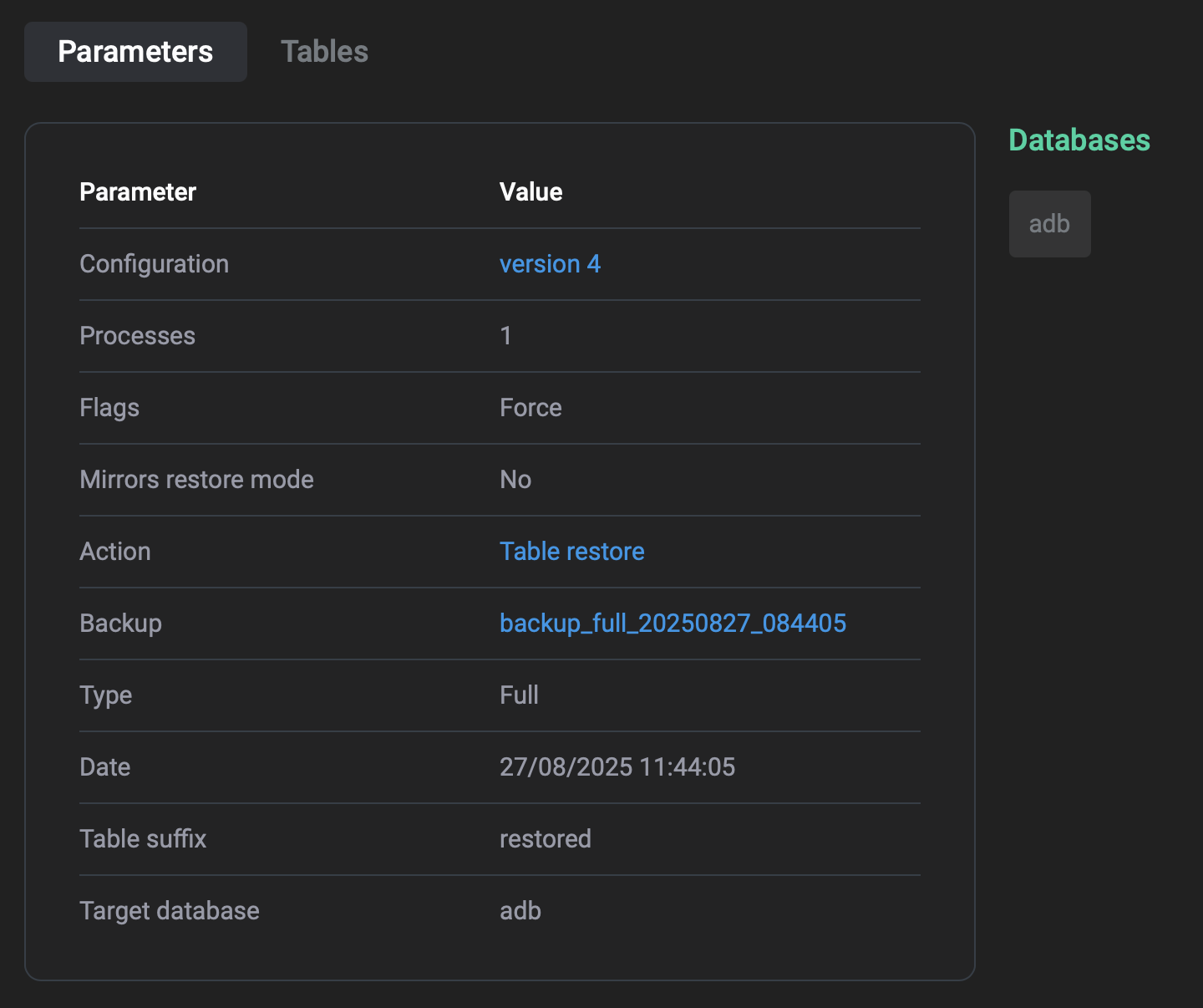 Restore details: Parameters