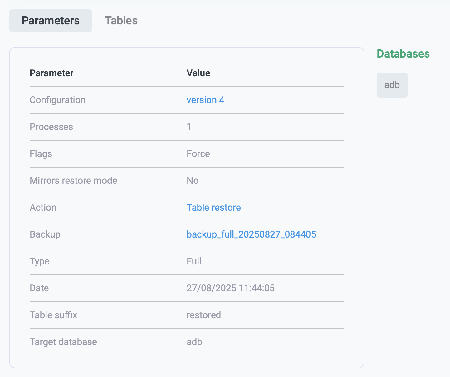 Restore details: Parameters